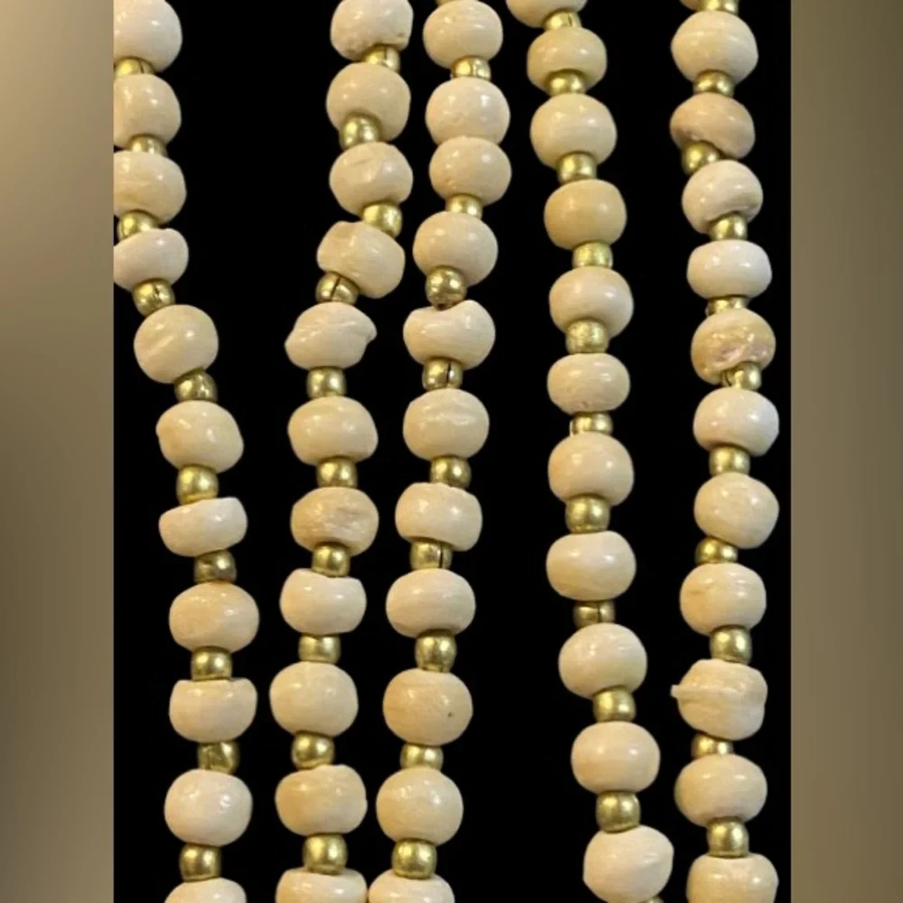 Vintage Carved Bone Cream Beaded Necklace with 3 Elephant Pendants Good Luck